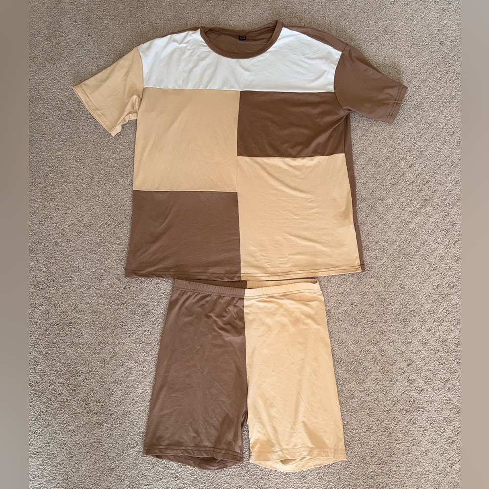 SHEIN Women’s Patchwork Two-Piece Set - Brown and Cream - Size Large
